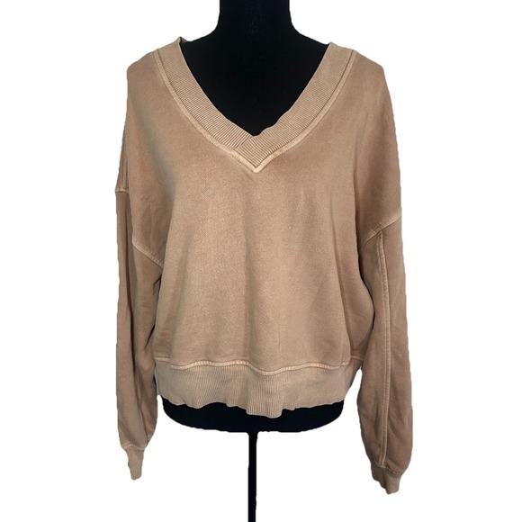 aerie Tops - Aerie Women's XS Tan Light Brown Cropped Oversized Double V-Neck Sweatshirt Boxy